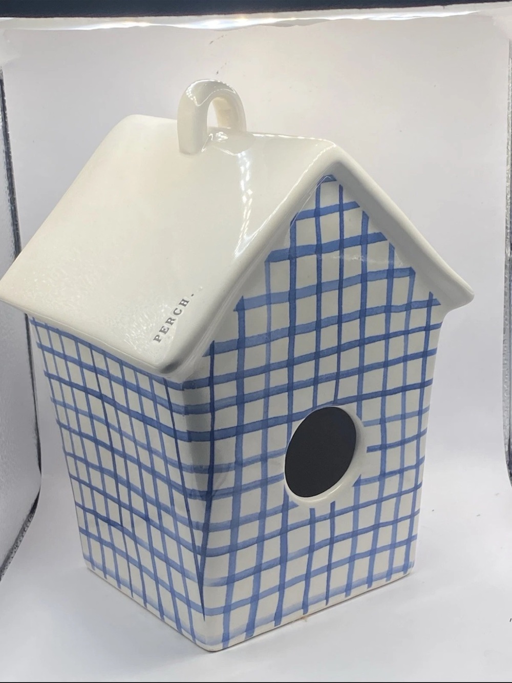 Rae Dunn plaid gingham blue perch birdhouse